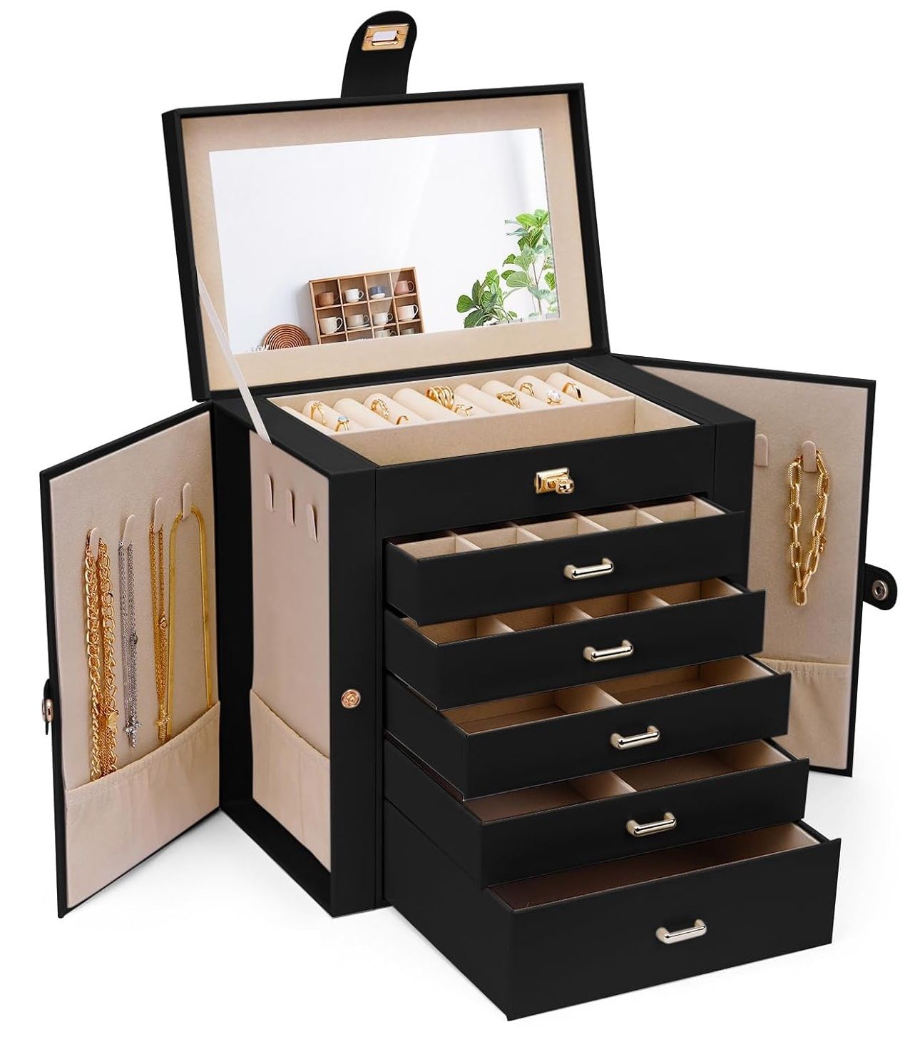 CARLA HOME 6-Layer Large Jewelry Box for Women with Drawers, Mirror, Lock, Necklace Hooks & Side Compartments for Rings, Earrings, Bracelets, Gifts (Black)