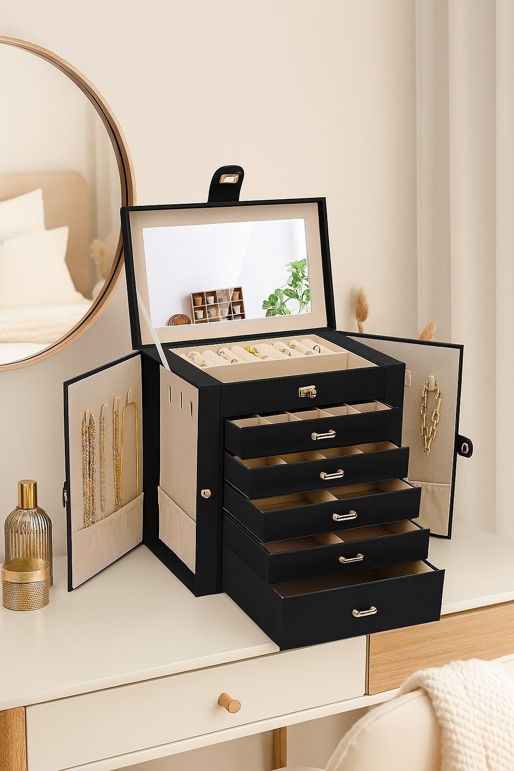 CARLA HOME 6-Layer Large Jewelry Box for Women with Drawers, Mirror, Lock, Necklace Hooks & Side Compartments for Rings, Earrings, Bracelets, Gifts (Black) - Image 2