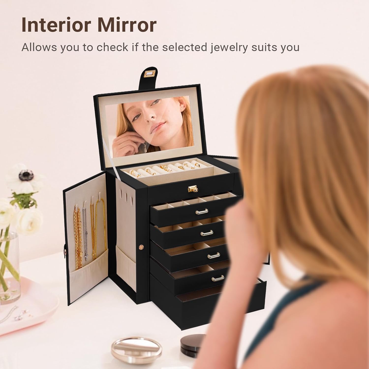 CARLA HOME 6-Layer Large Jewelry Box for Women with Drawers, Mirror, Lock, Necklace Hooks & Side Compartments for Rings, Earrings, Bracelets, Gifts (Black) - Image 7