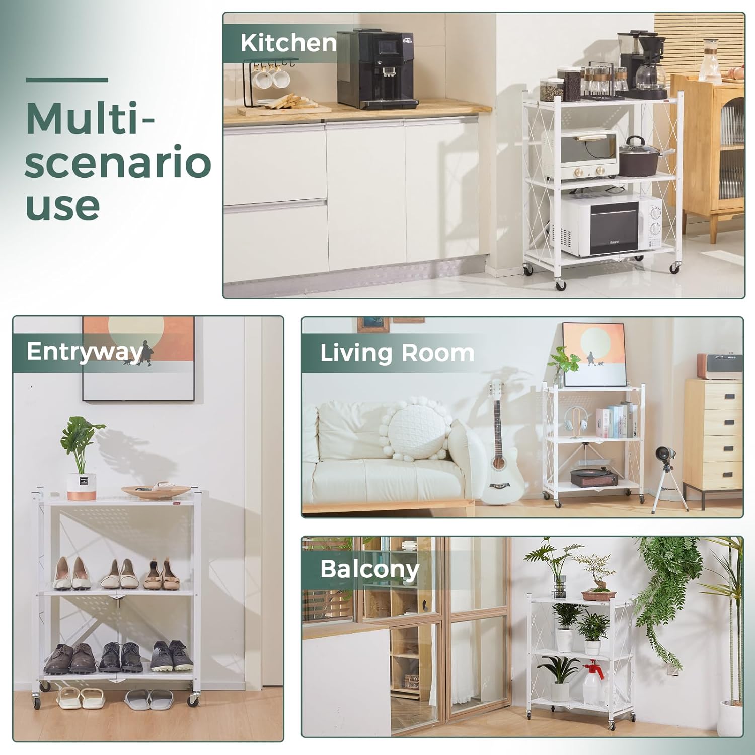 CARLA HOME 4-Tier Foldable Storage Shelf with Wheels for Kitchen, Garage, Pantry or Basement (White) - Image 2
