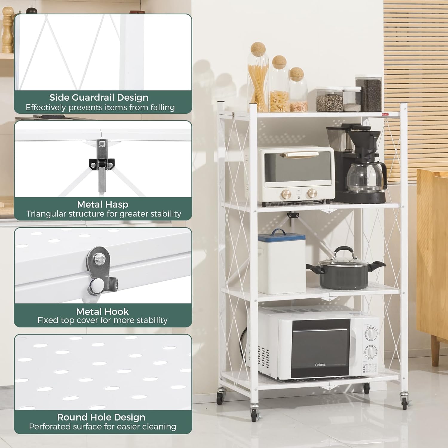 CARLA HOME 4-Tier Foldable Storage Shelf with Wheels for Kitchen, Garage, Pantry or Basement (White) - Image 5