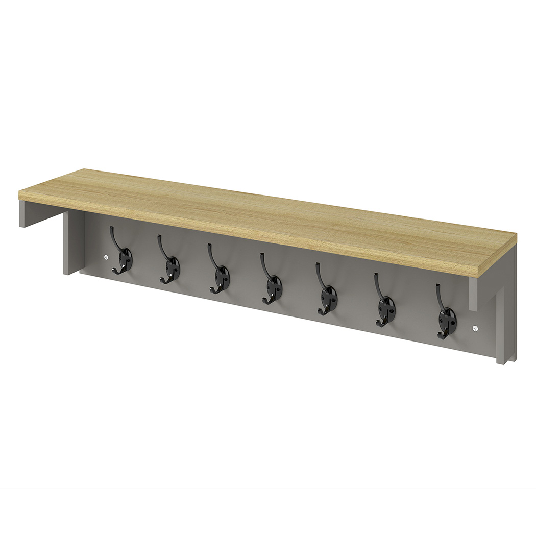 Levede Coat Rack Wall Mounted Shelf 7 Double Hooks Storage Entryway Hallway Grey